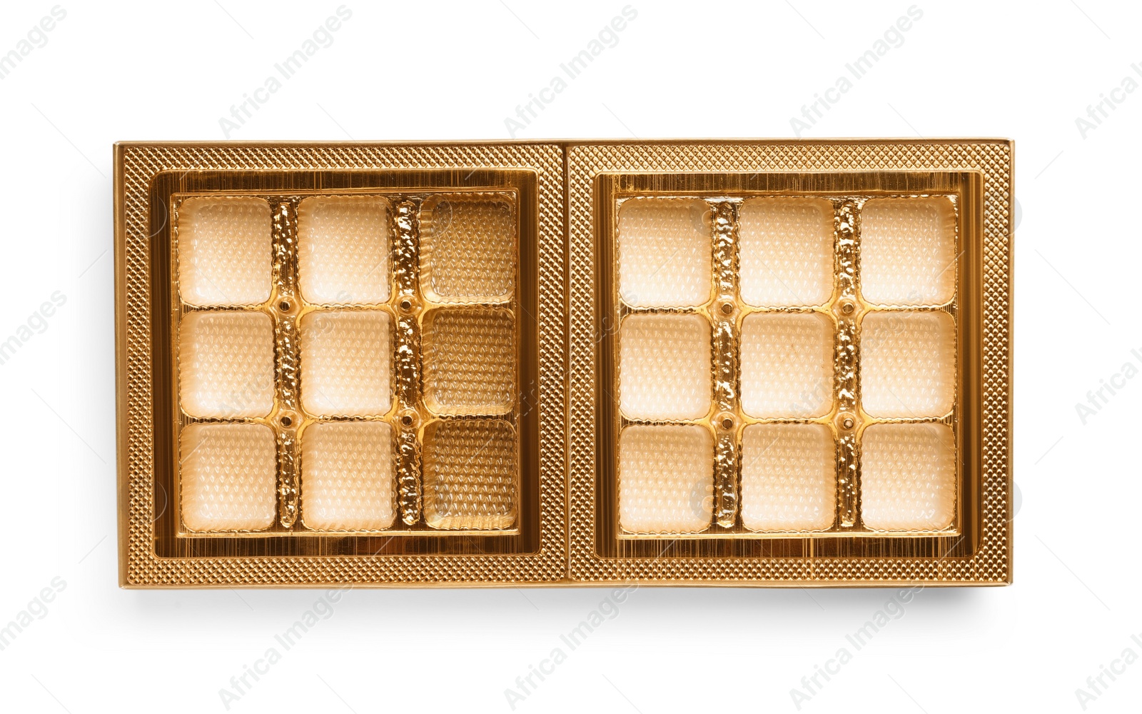 Photo of Empty box of chocolate candies isolated on white, top view