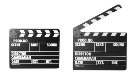 Image of Clapperboards on white background, collage. Cinema production