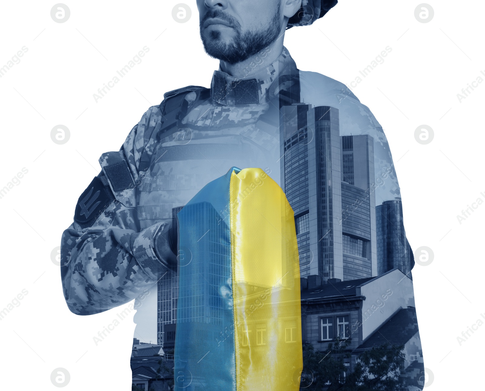 Image of Double exposure of city and soldier with Ukrainian flag in military uniform on white background, closeup