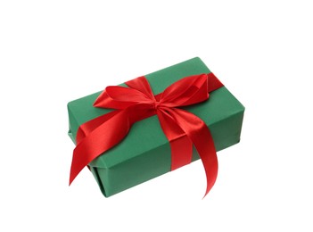 Photo of Green gift box with red bow isolated on white