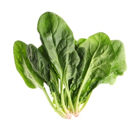 Fresh green healthy spinach leaves isolated on white, top view