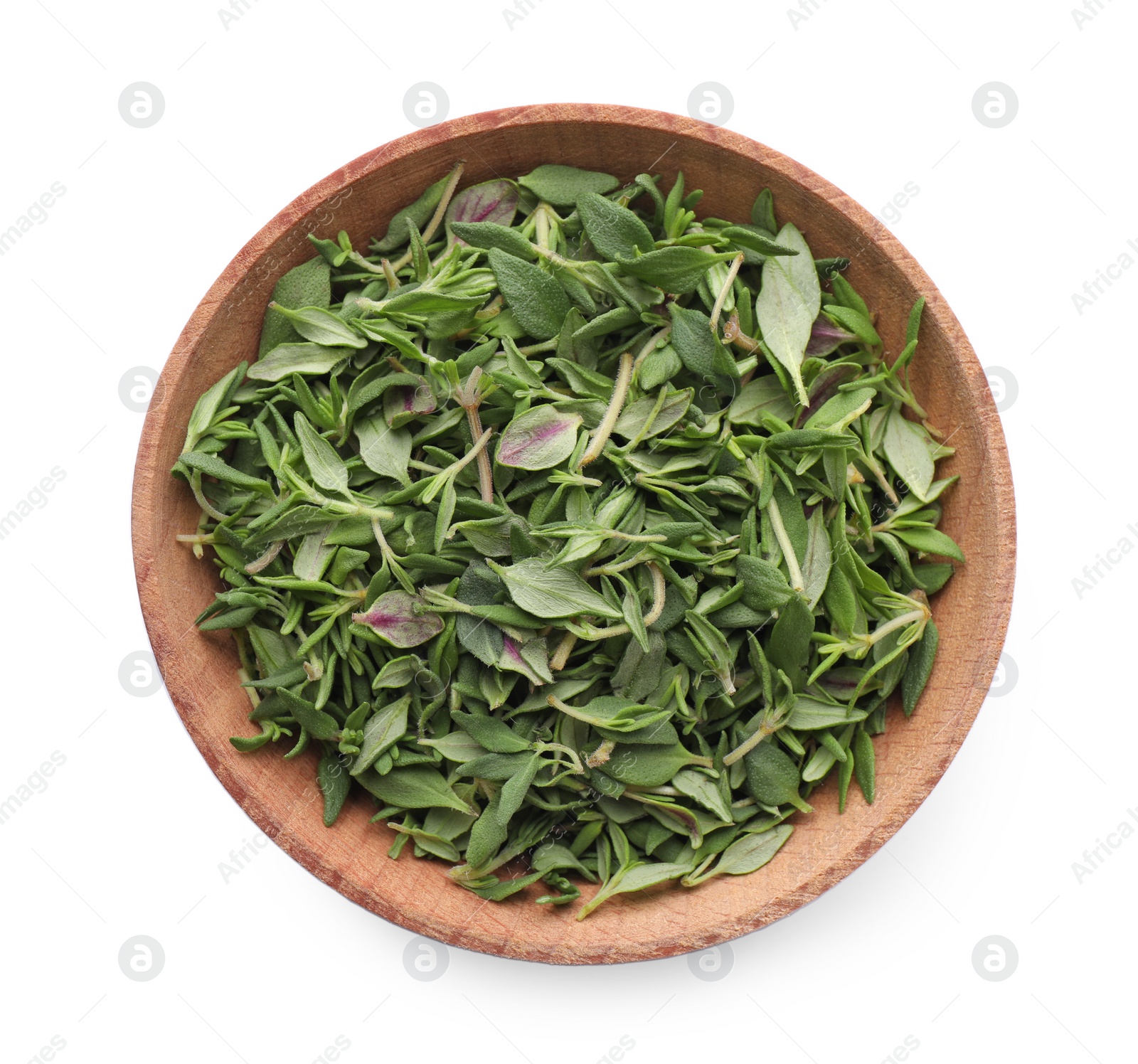 Photo of Wooden bowl of fresh green thyme leaves on white background, top view