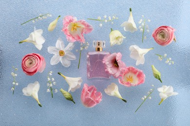 Luxury perfume and floral decor on light blue plastic surface, flat lay