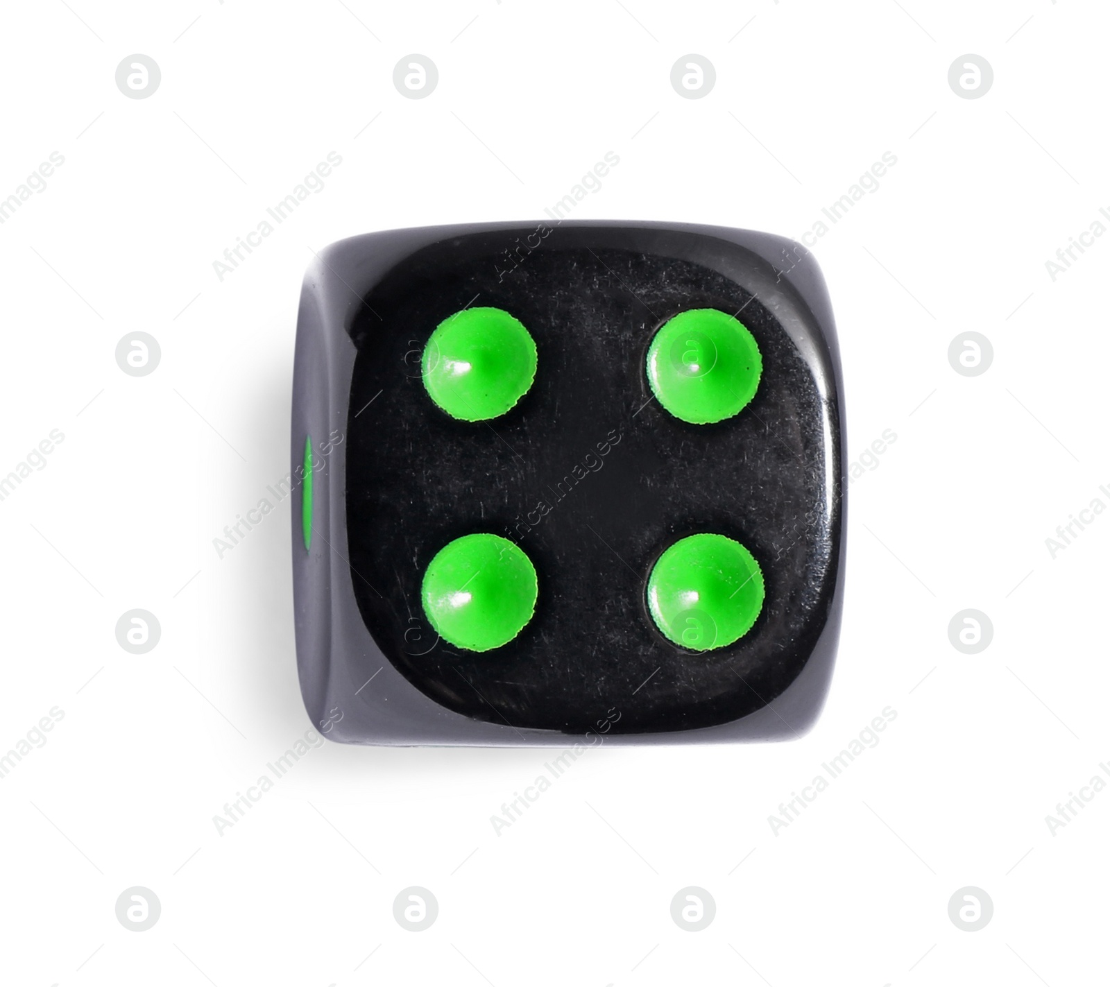 Photo of One black game dice isolated on white, top view