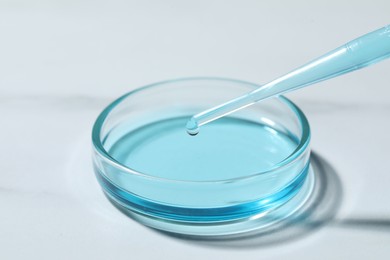 Photo of Dripping liquid from pipette into petri dish at white table, closeup
