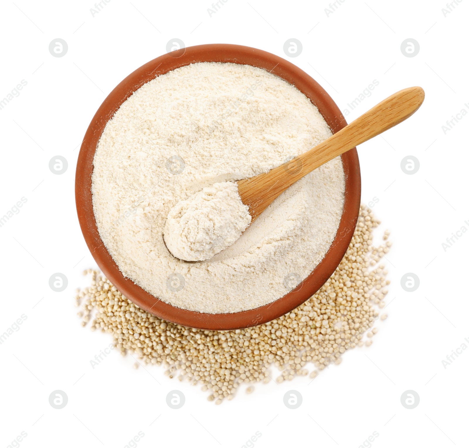 Photo of Quinoa flour in wooden bowl and seeds on white background