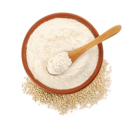 Photo of Quinoa flour in wooden bowl and seeds on white background