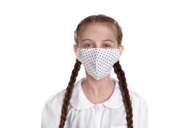 Girl wearing protective mask on white background. Child's safety from virus
