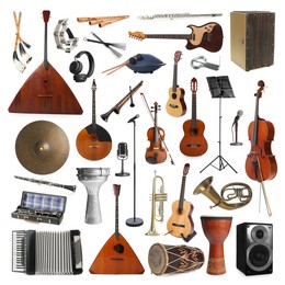 Image of Collection of different musical instruments on white background