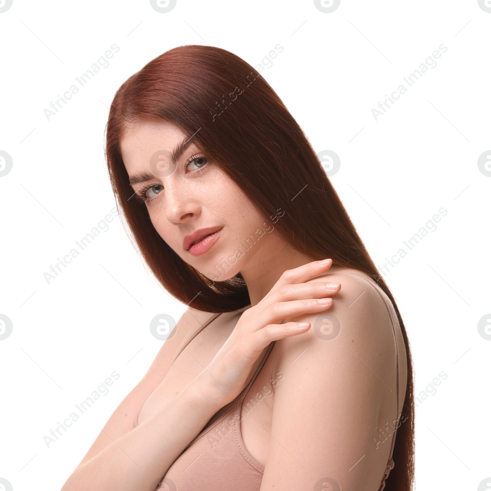 Photo of Portrait of beautiful woman on white background