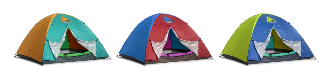 Image of Set with different colorful camping tents on white background. Banner design