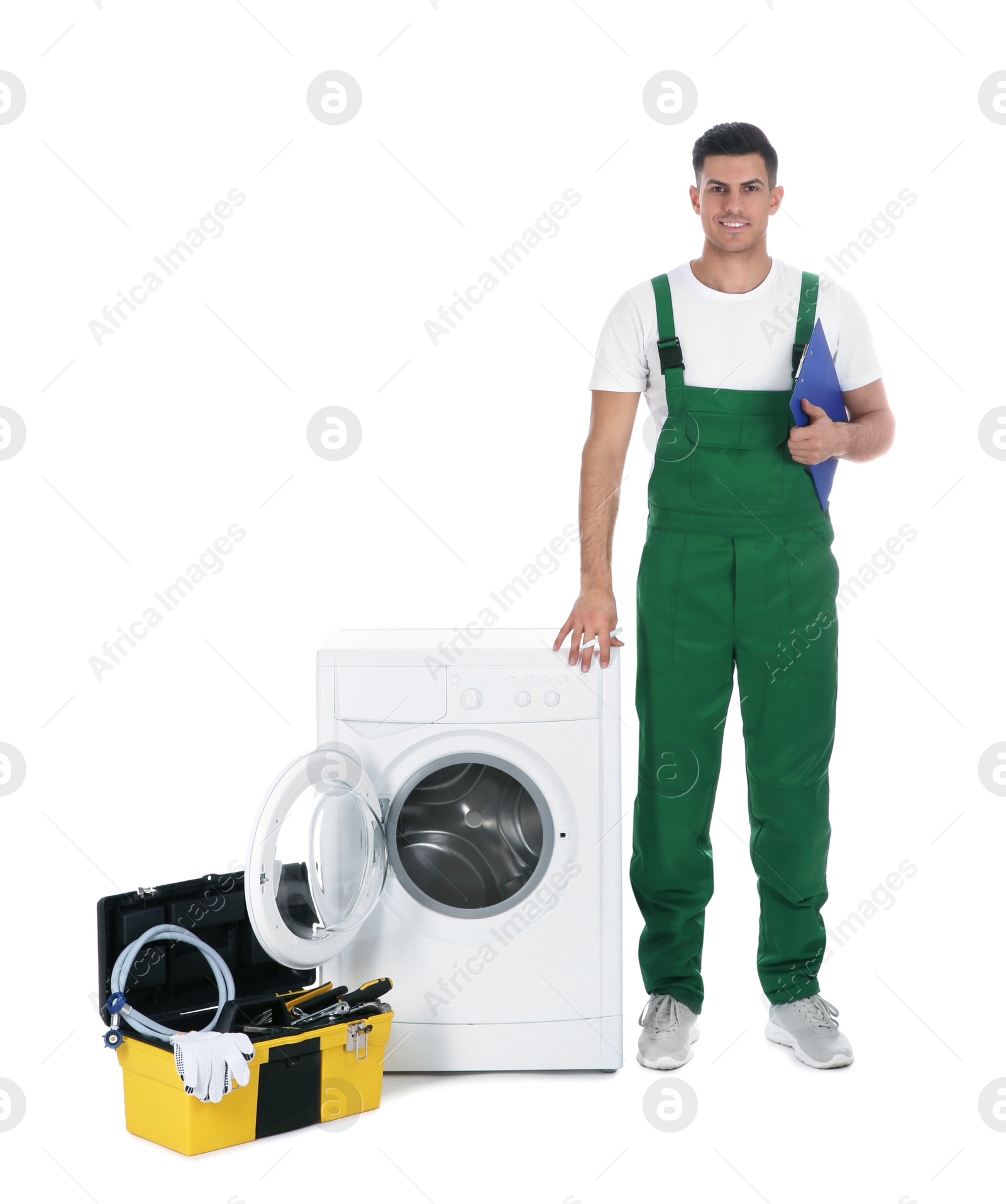 Photo of Repairman with clipboard and toolbox near washing machine on white background