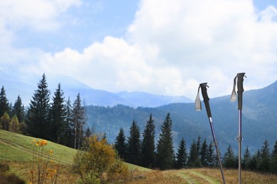 Image of Trekking poles and beautiful view of mountains on sunny day. Space for text