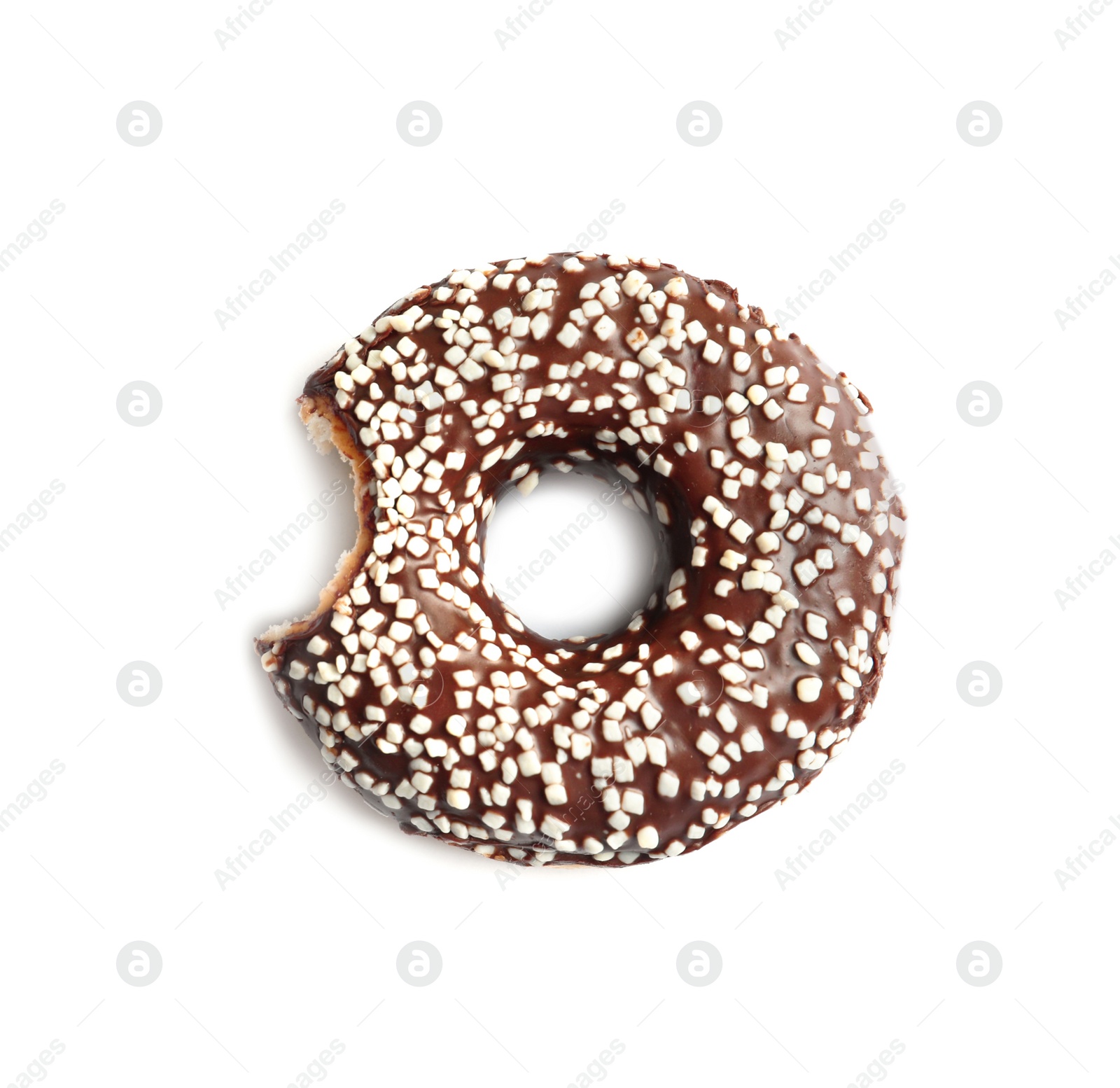 Photo of Delicious bitten doughnut with sprinkles on light background