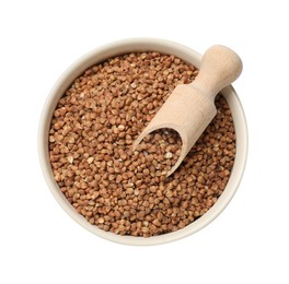 Photo of Bowl and scoop with dry buckwheat isolated on white, top view