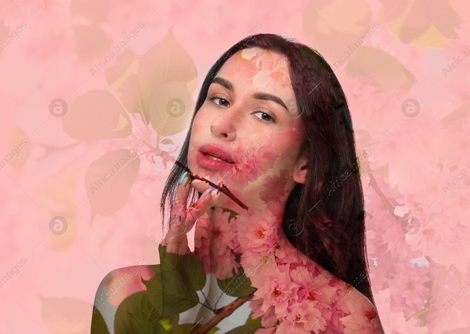 Image of Double exposure of beautiful woman and blooming flowers on pink background