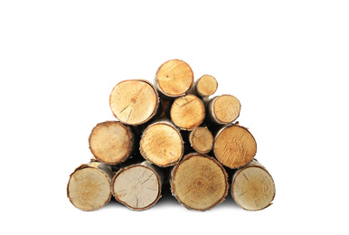 Photo of Stack of cut firewood on white background