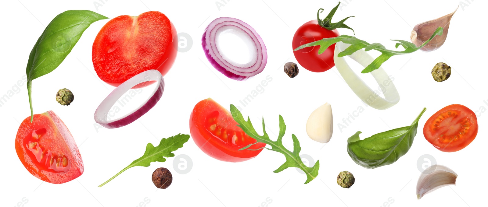 Image of Fresh ripe tomatoes with garlic, onion, basil, arugula and peppercorns on white background. Banner design