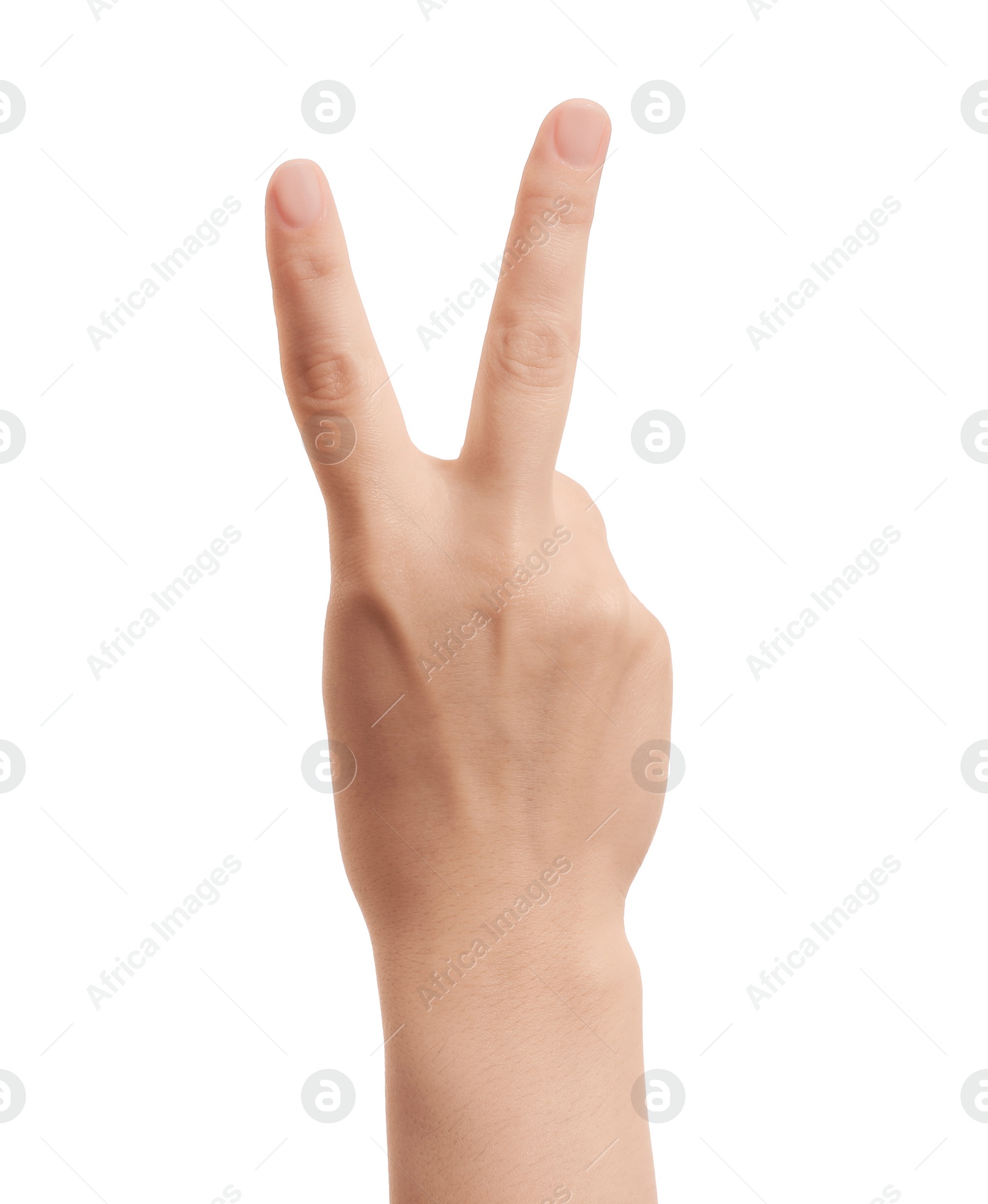 Photo of Woman showing v-sign on white background, closeup of hand