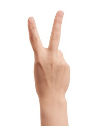 Photo of Woman showing v-sign on white background, closeup of hand