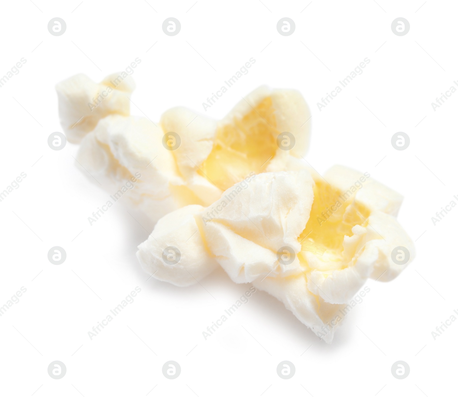 Photo of Delicious salty popcorn on white background