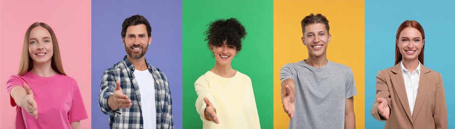 Image of People welcoming on different color backgrounds, collage with photos