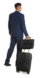 Photo of Businessman with suitcase and bag for vacation trip on white background. Summer travelling