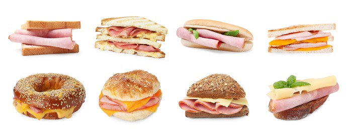 Image of Different tasty sandwiches with ham isolated on white, collection