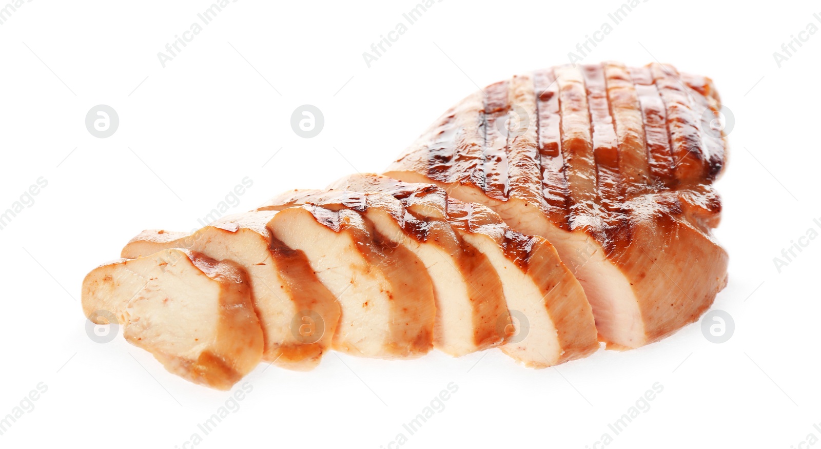 Photo of Tasty cut grilled chicken fillet isolated on white
