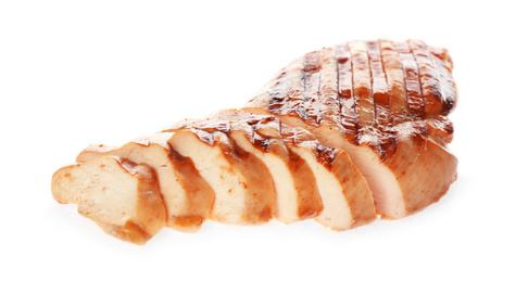 Tasty cut grilled chicken fillet isolated on white