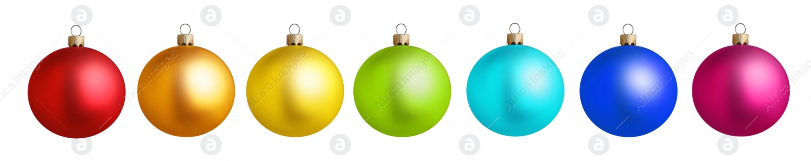 Image of Set of bright Christmas balls on white background. Banner design 