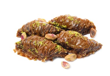 Photo of Delicious baklava with pistachio nuts on white background