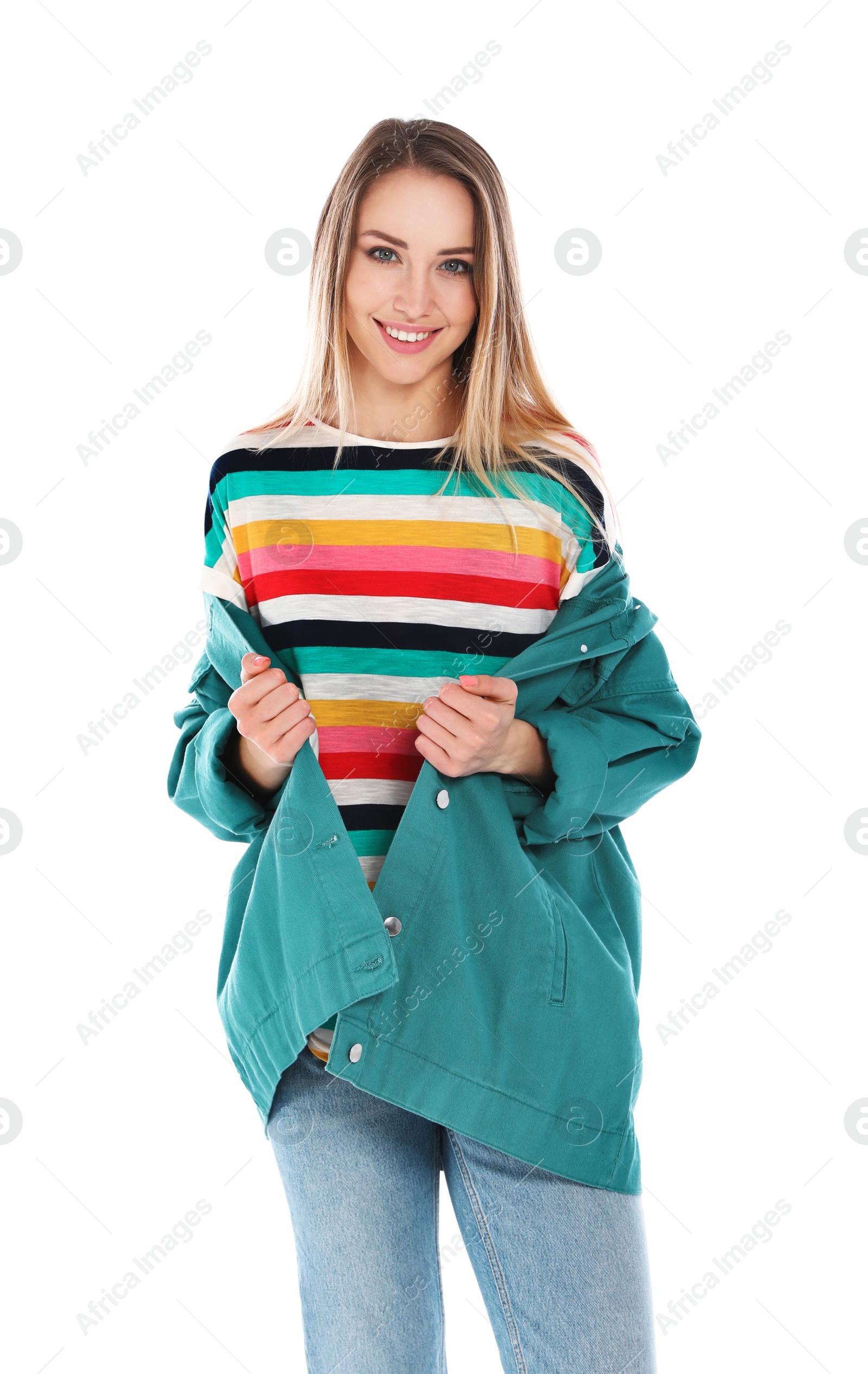 Photo of Portrait of happy young woman on white background