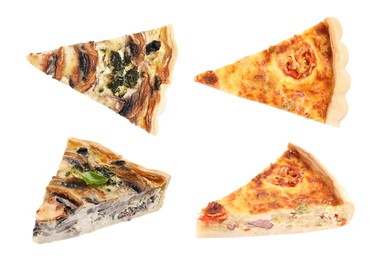 Image of Pieces of different quiches isolated on white, collage with top and side views