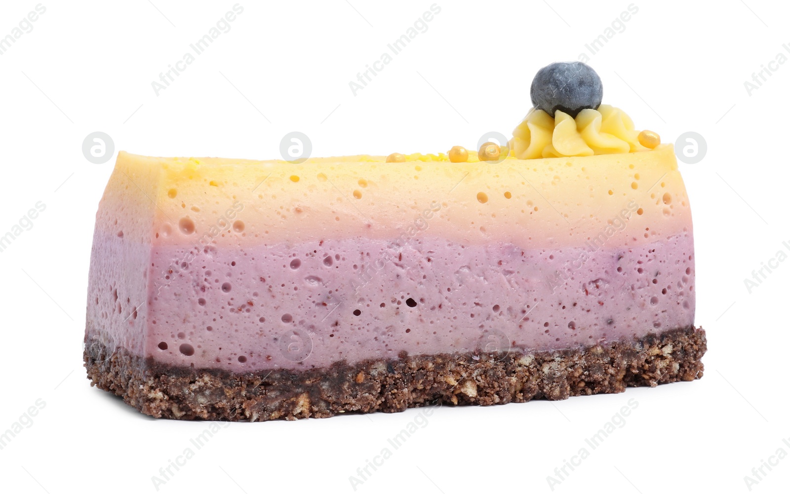 Photo of Piece of delicious cheesecake with lemon and blueberry isolated on white