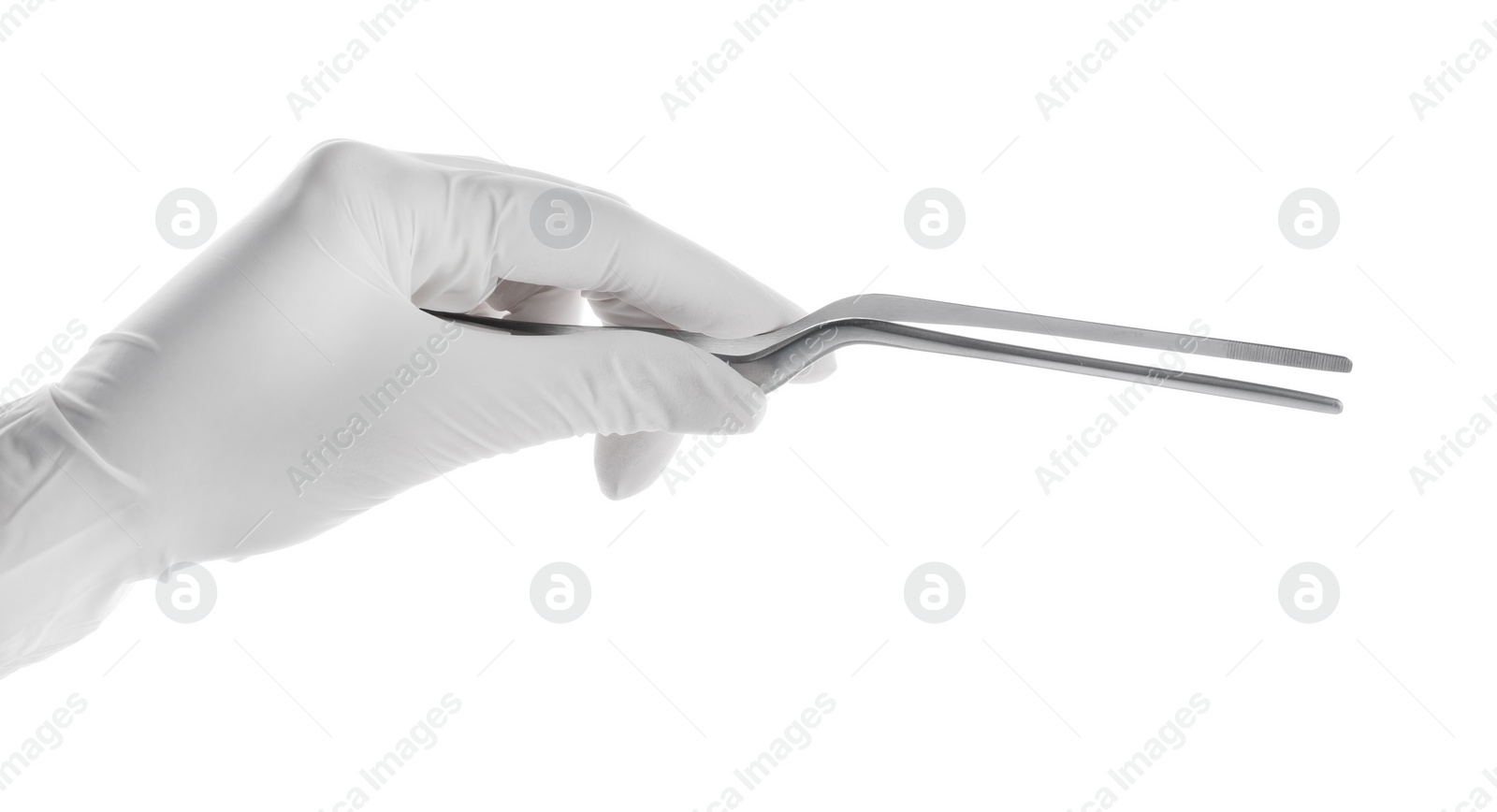 Photo of Doctor holding surgical forceps on white background, closeup. Medical instrument