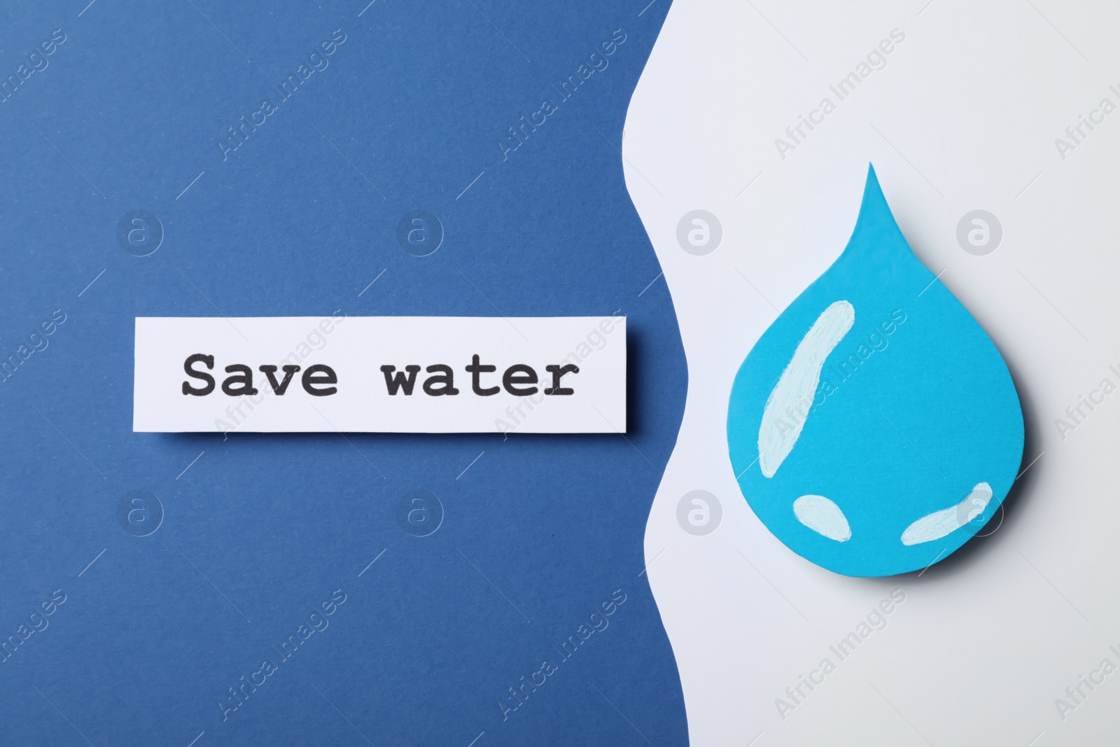 Photo of Card with words Save Water and drop on color background, flat lay