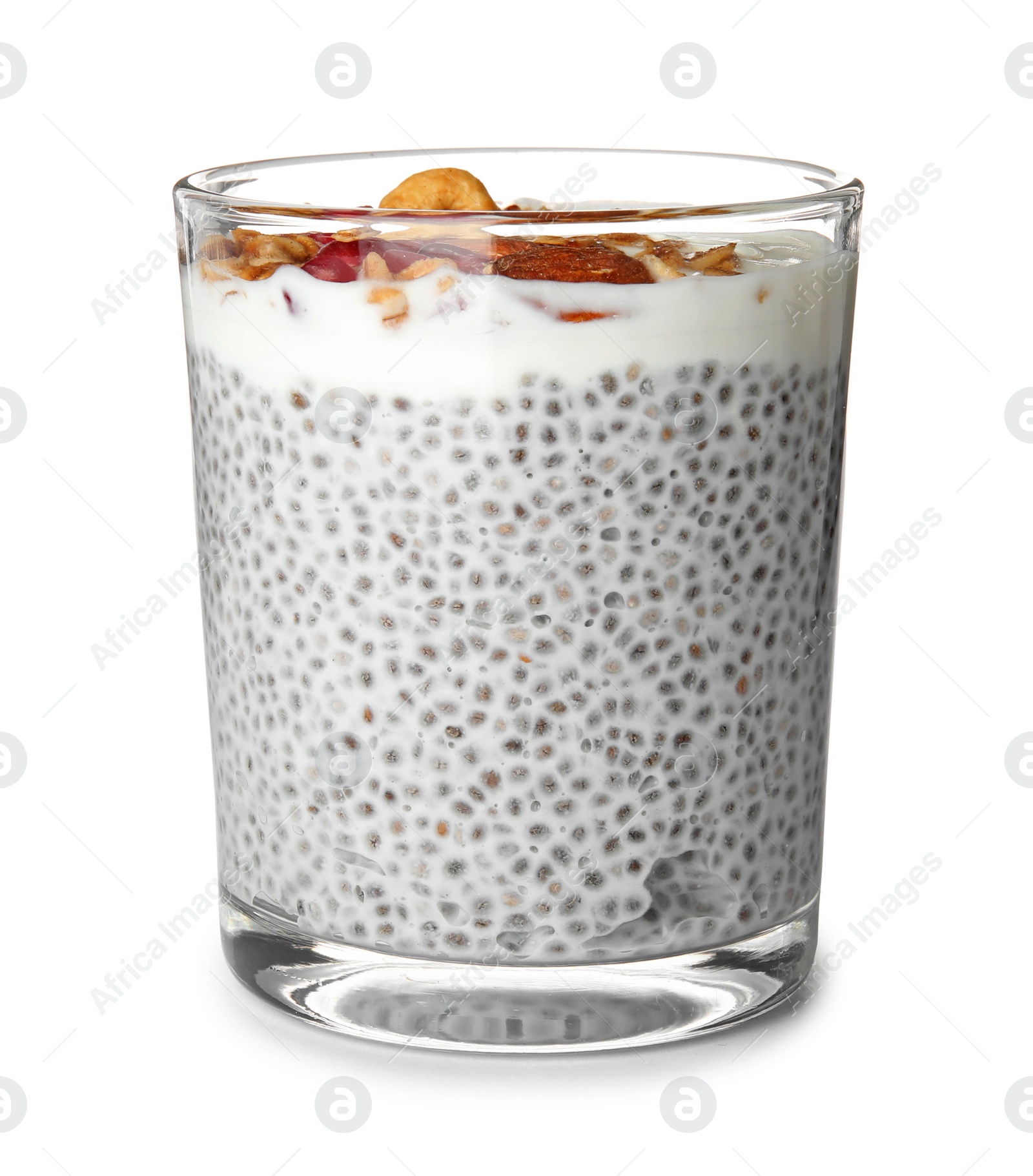 Photo of Glass of tasty chia seed pudding with granola on white background