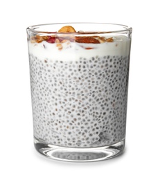 Photo of Glass of tasty chia seed pudding with granola on white background