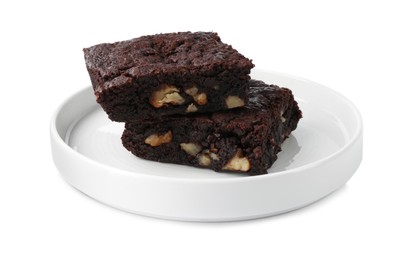 Delicious brownies with nuts on white background