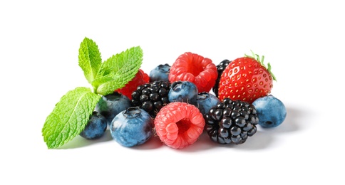 Photo of Raspberries and different berries on white background