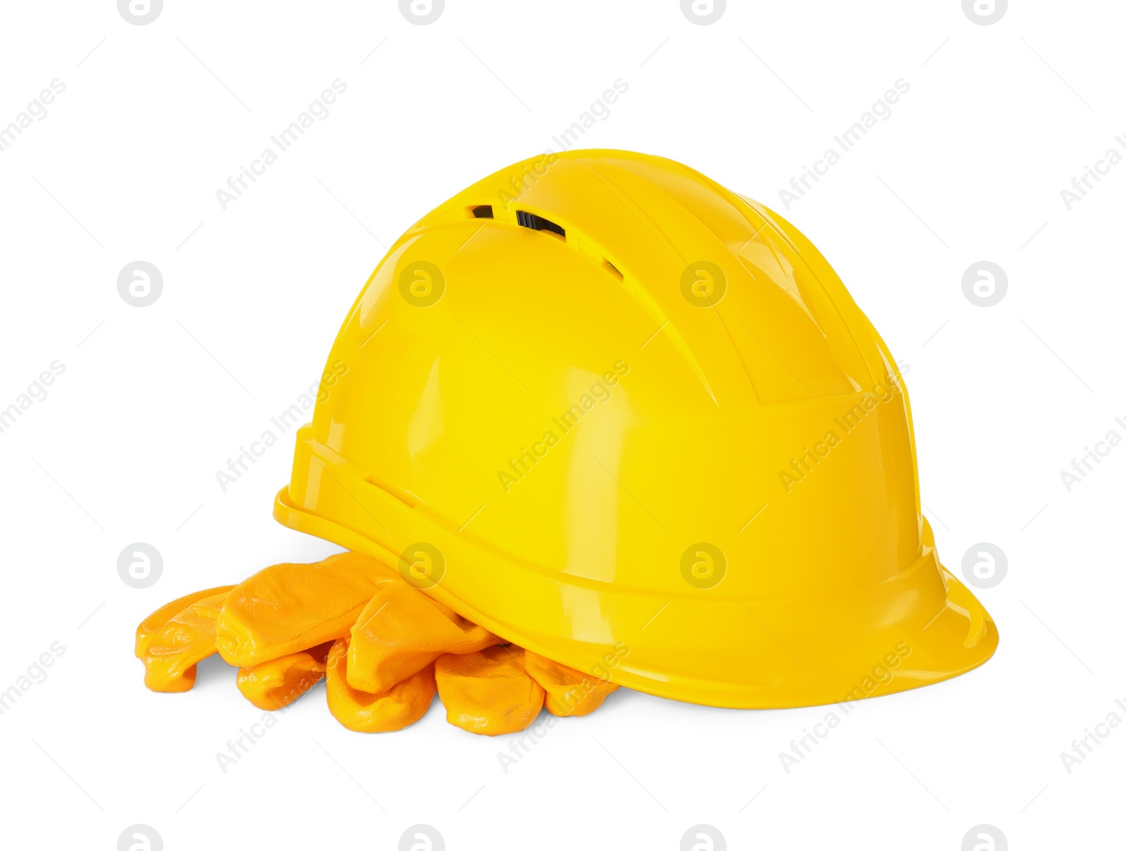 Photo of Hard hat and gloves isolated on white. Safety equipment