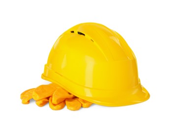 Hard hat and gloves isolated on white. Safety equipment