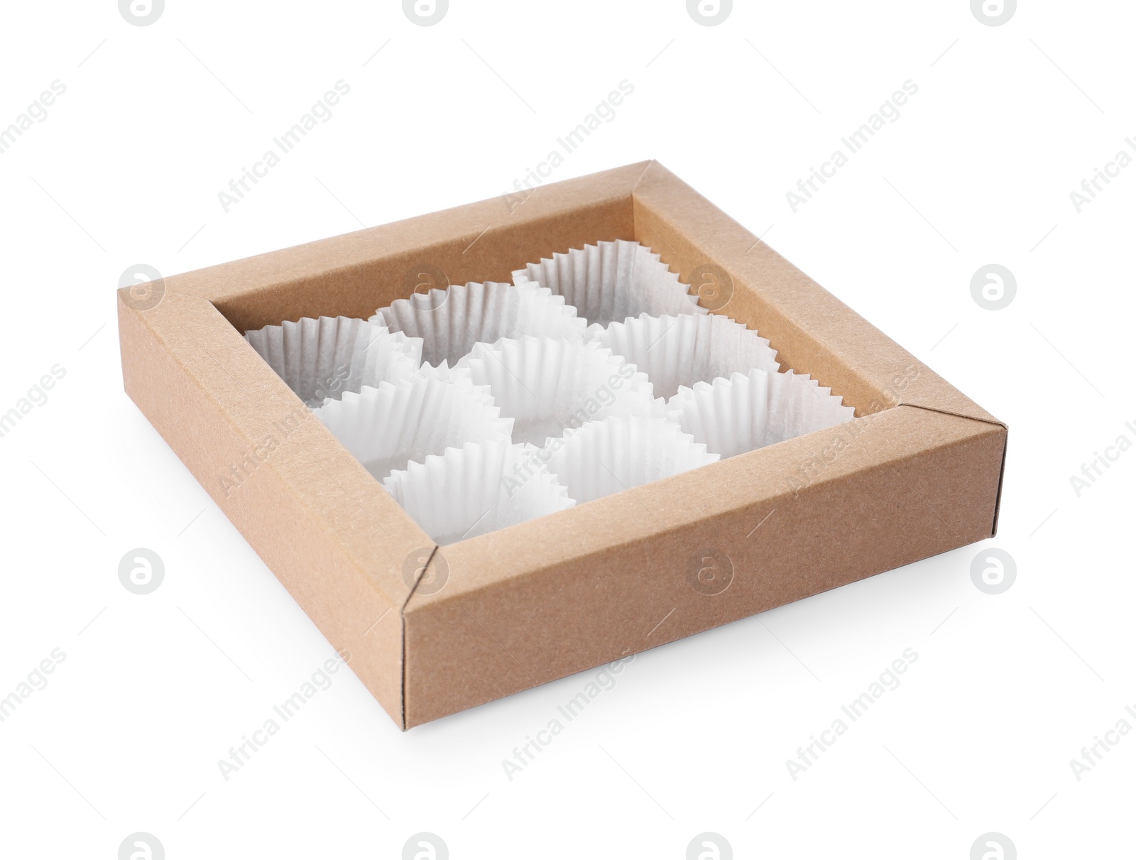 Photo of Empty box of chocolate sweets with candy paper cups isolated on white