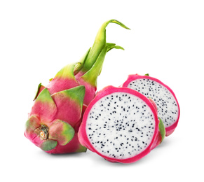 Photo of Delicious cut and whole dragon fruits (pitahaya) on white background
