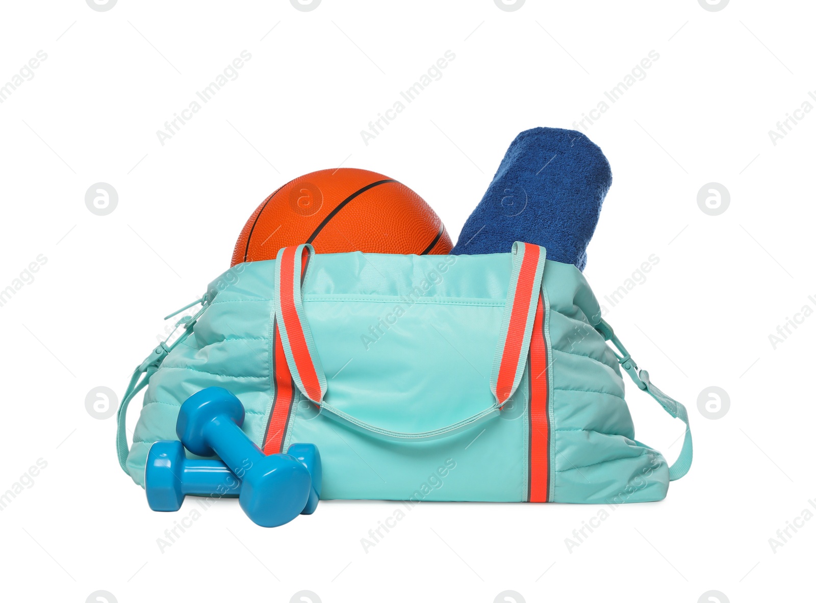 Photo of Bag with different sports equipment on white background