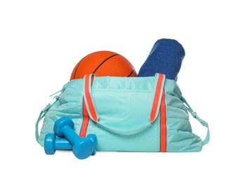 Photo of Bag with different sports equipment on white background