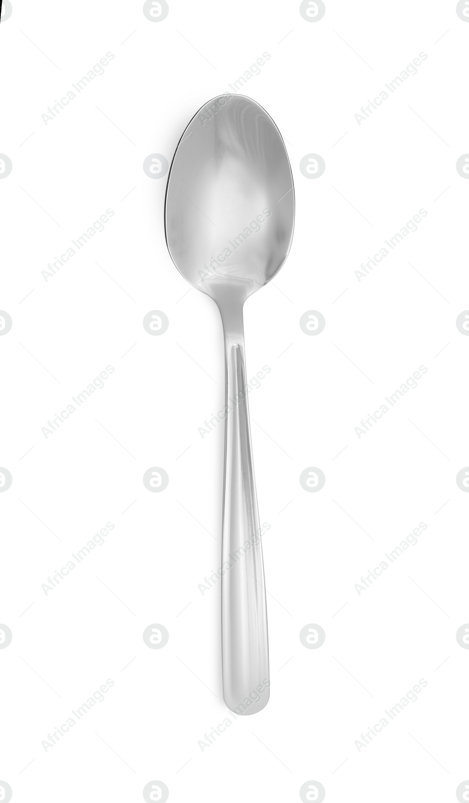 Photo of One new shiny tea spoon isolated on white, top view