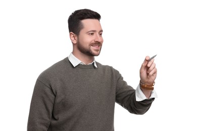 Handsome bearded businessman with marker on white background