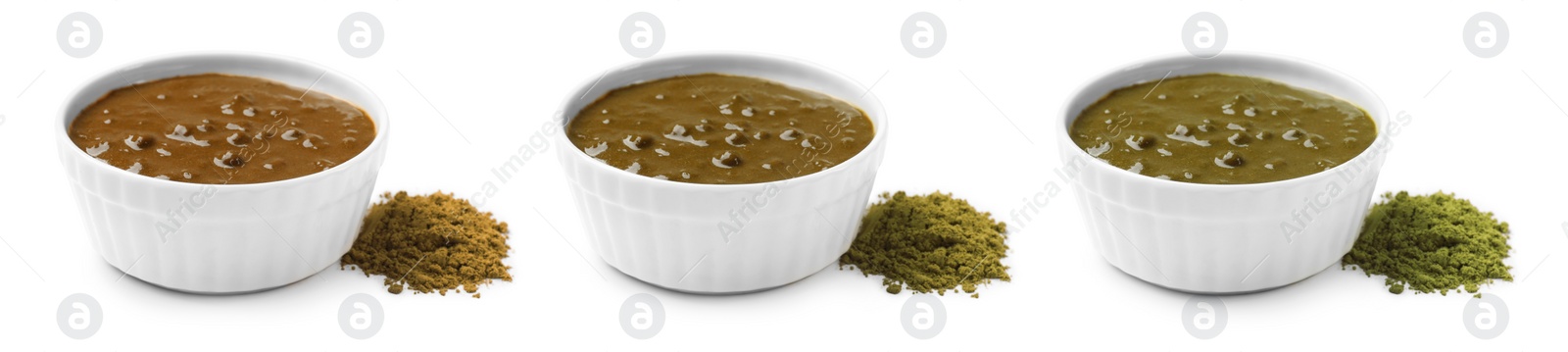 Image of Henna paste and powder of different colors isolated on white, set